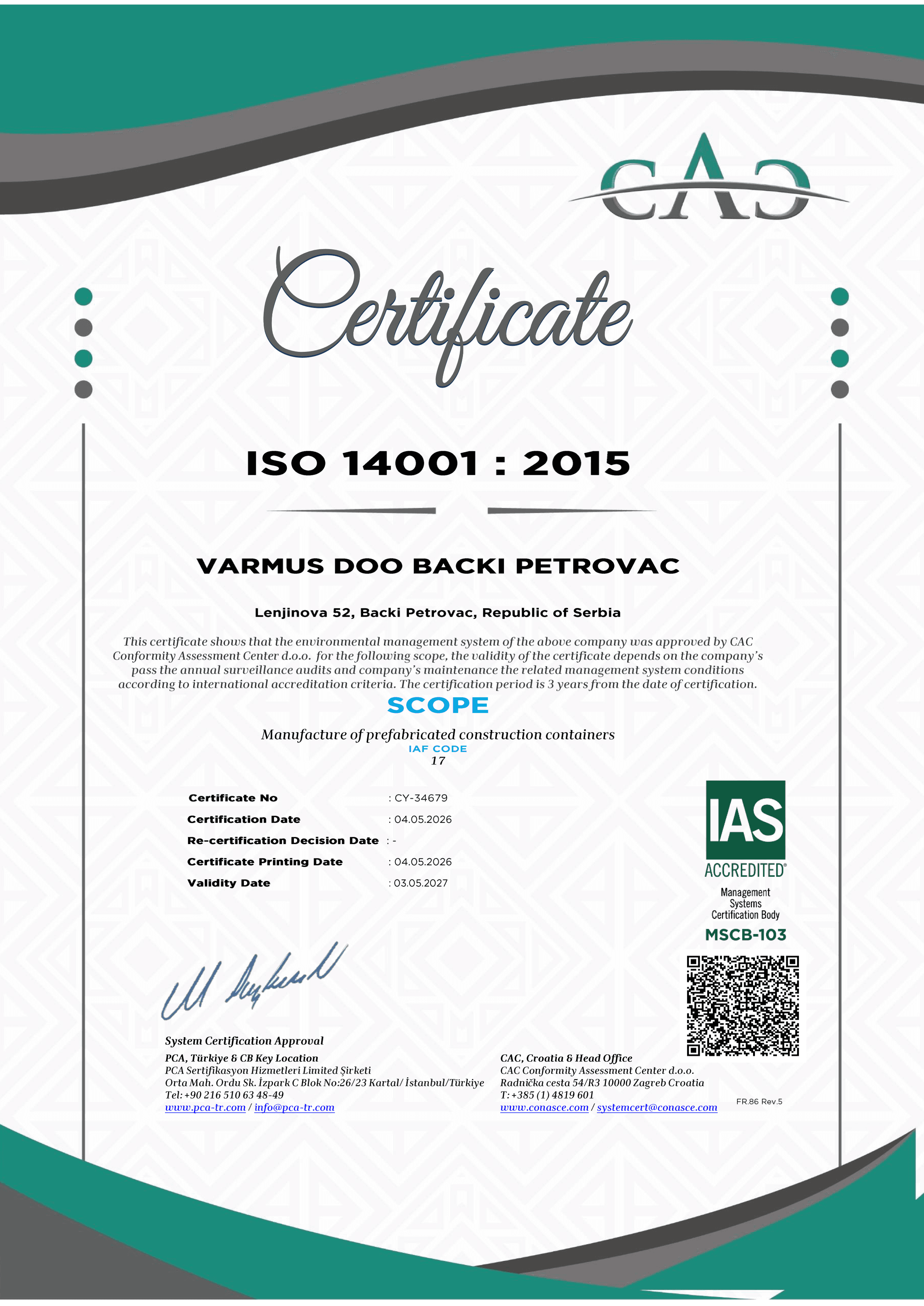 Pregled sertifikata ISO 14001